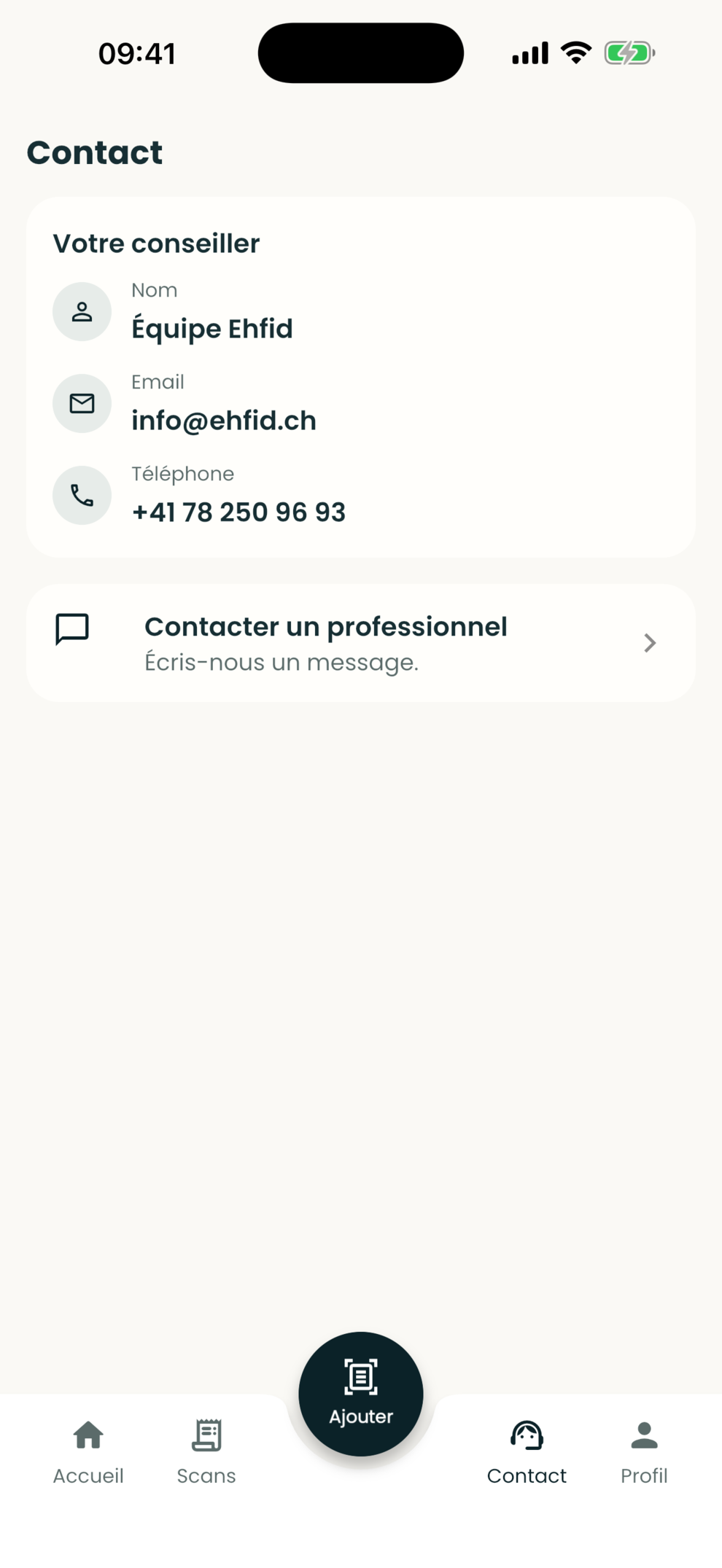 Écran mobile Ehfid donnant accès au conseiller et à la messagerie