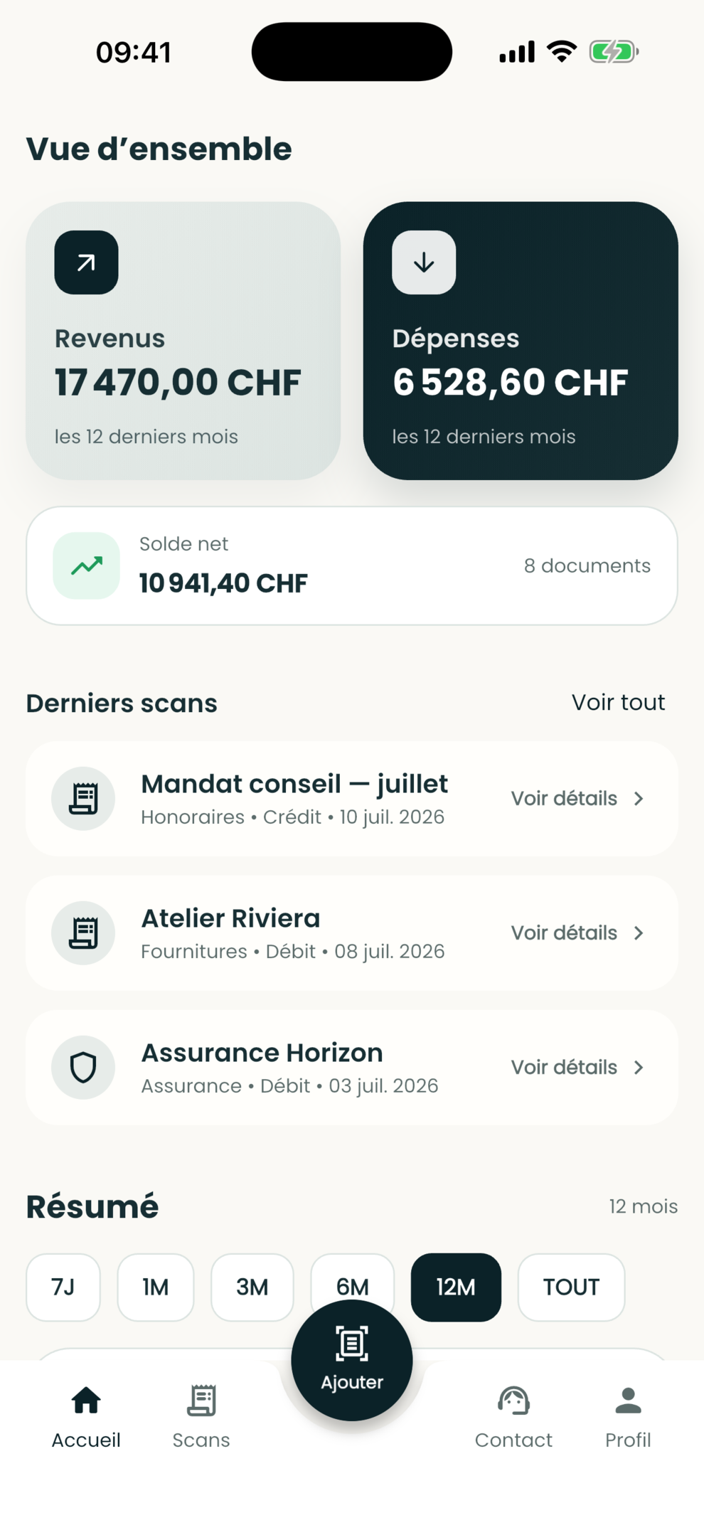 Tableau de bord mobile Ehfid avec revenus, dépenses, solde et derniers scans