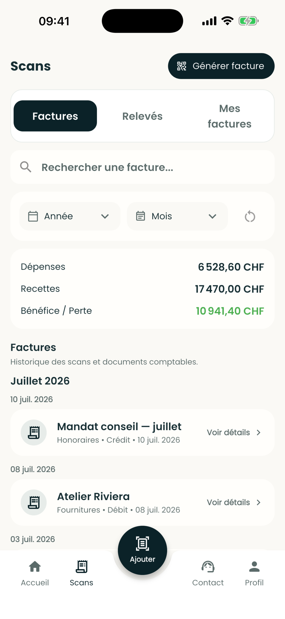 Écran mobile Ehfid regroupant les factures, relevés et documents scannés